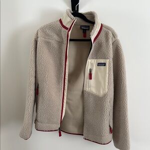 Patagonia Cream and Red Zip Up Fleece Sweater